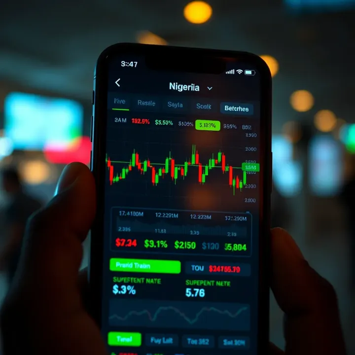 Smartphone displaying stock market charts with Nigerian currency symbols