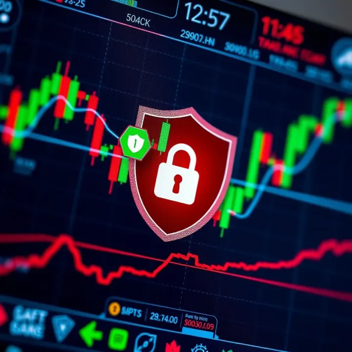 Security shield icon overlaid on a digital stock trading application screen