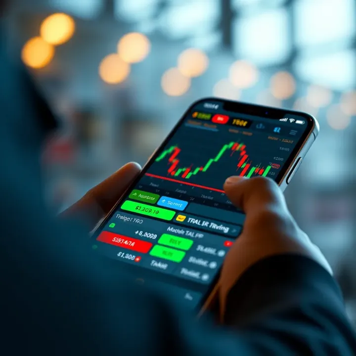 Mobile device displaying an intuitive trading application interface with charts and financial data