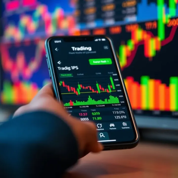 Smartphone screen displaying a trading app interface with charts and market data