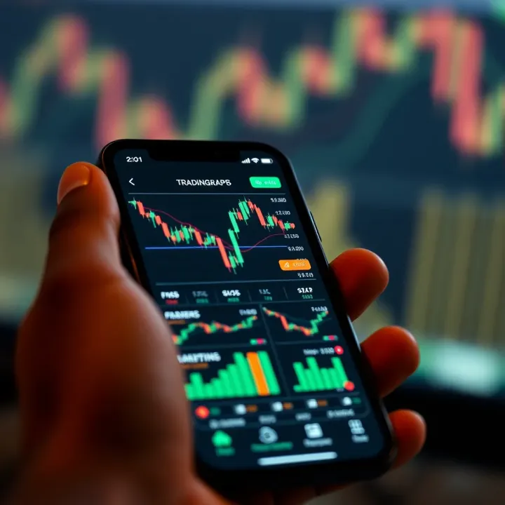 Mobile phone screen displaying various trading graphs and financial charts