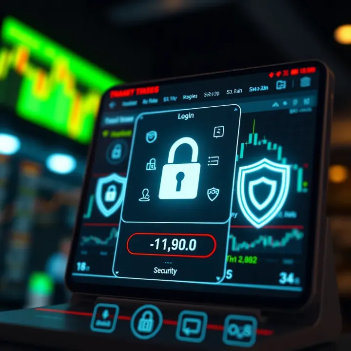 Secure login screen featuring encryption symbols and shield icons symbolizing safety features in a trading app