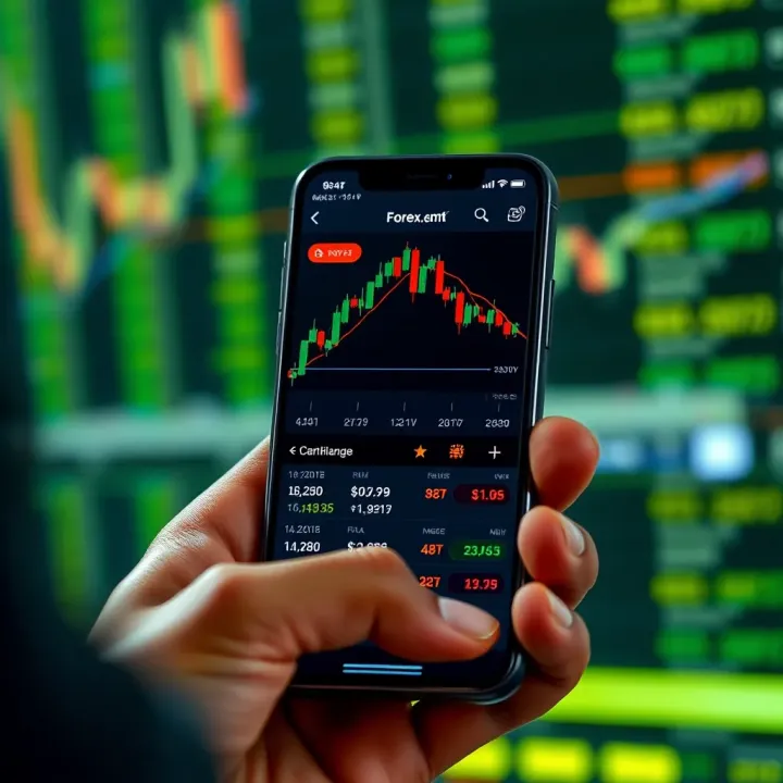 Mobile phone screen displaying a forex trading app interface with charts and currency exchange rates