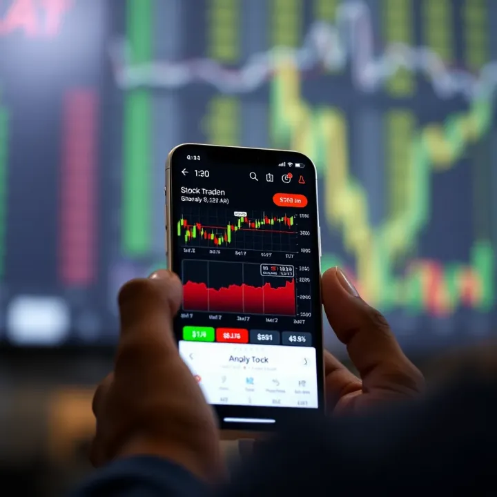 Mobile phone screen displaying various stock market charts and trading options