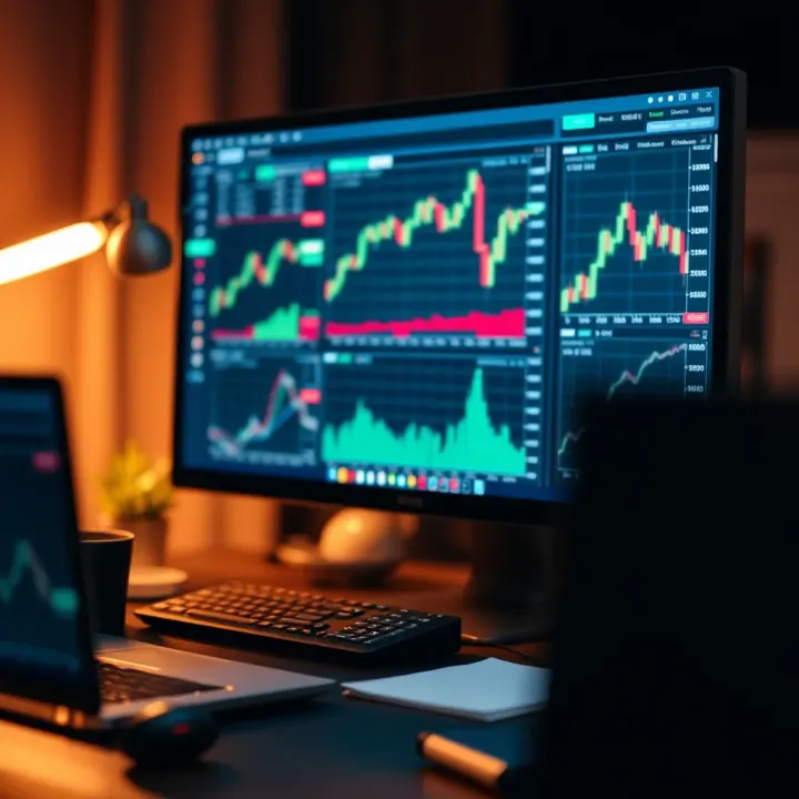 Desk setup displaying financial analysis graphs and trading platform interface on a computer screen