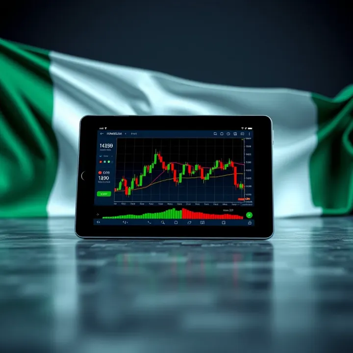 Forex Market Trends on Digital Device with Nigerian Flag Digital tablet displaying forex market trends with a Nigerian flag background