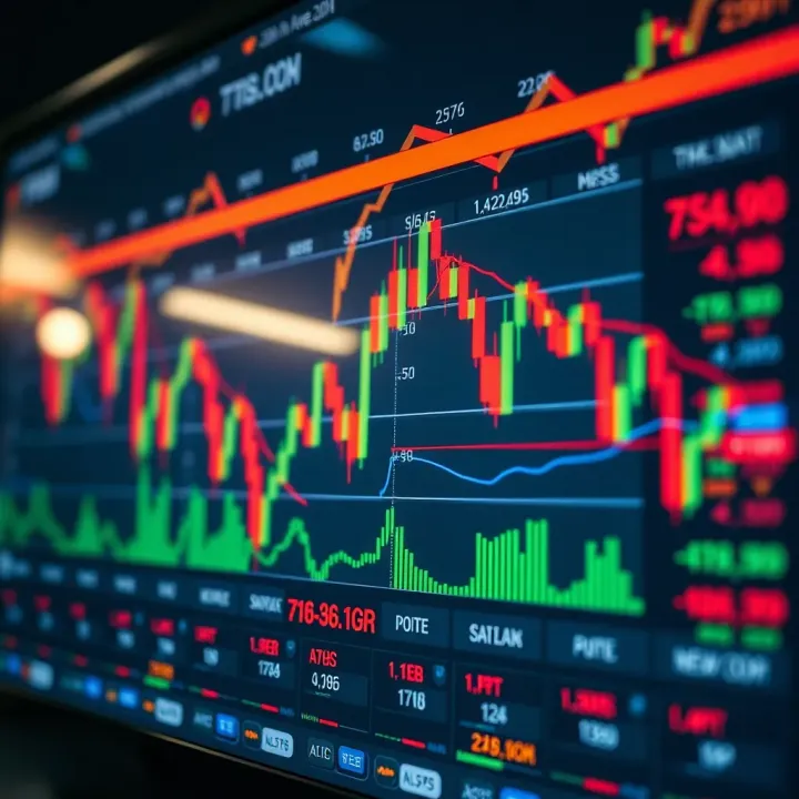 Digital screen displaying forex market trading terms and indicators