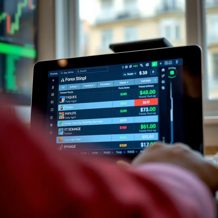 Comparison of key features and pricing plans of various forex signal applications on a digital screen