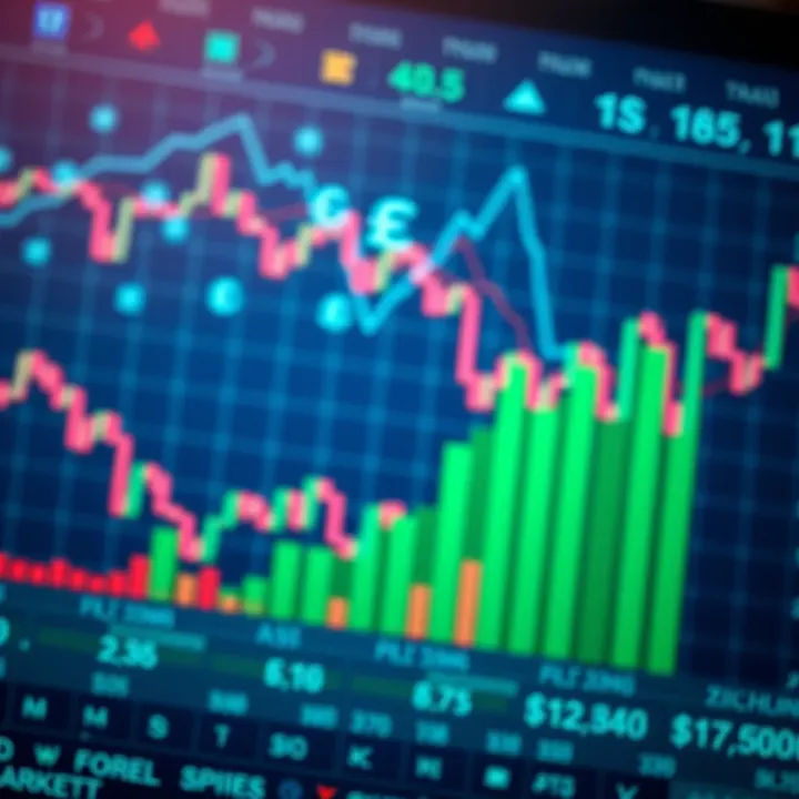 Illustration of foreign exchange market with currency symbols and fluctuating graphs