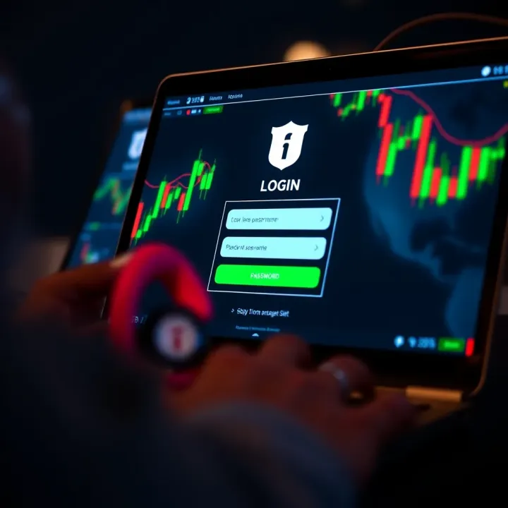 Secure login interface for forex trading platform displaying username and password fields on a digital device