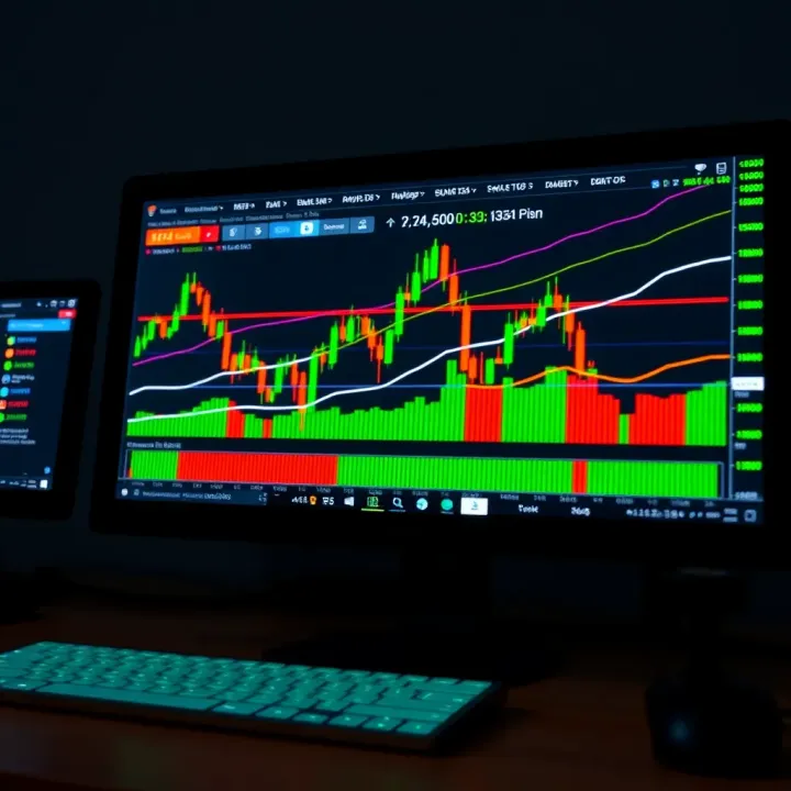 A computer screen showing forex trading charts with candlestick patterns and risk management tools