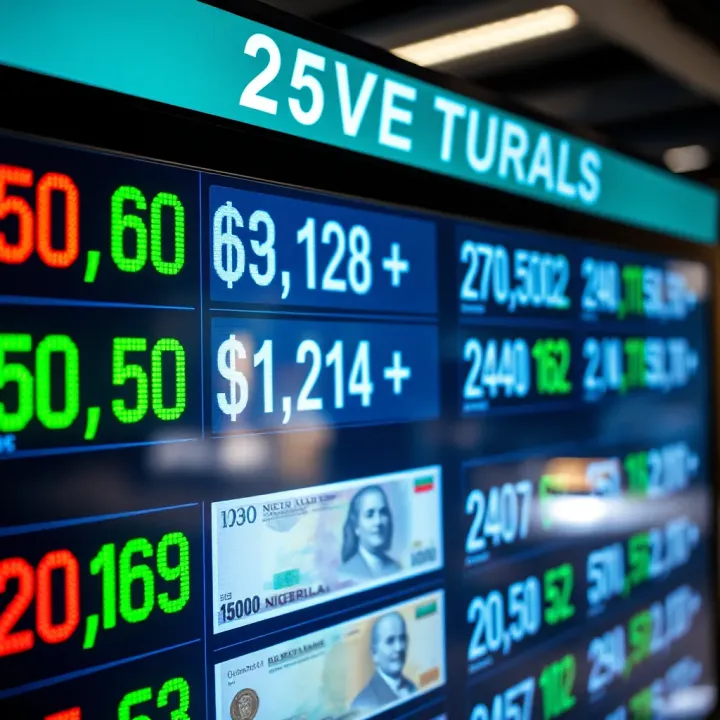 Currency exchange rates displayed on a digital screen reflecting the Nigerian Naira alongside major global currencies