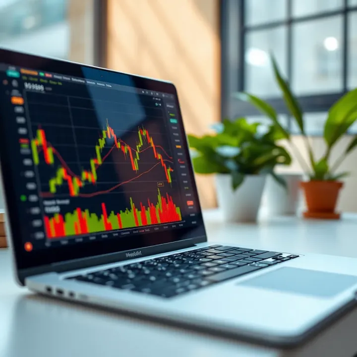 A laptop screen showing a forex trading platform interface with graphs and market data