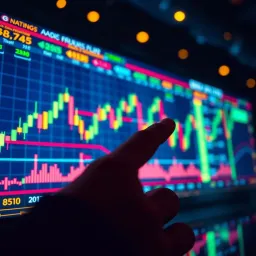 Forex Trading Strategy and Risk Management Conceptual graphic showing strategic forex trading with candlestick charts and risk management icons