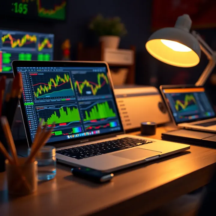 Setup of trading tools including laptop displaying currency charts and analysis software