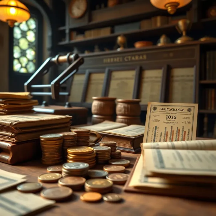 Historical scene depicting early currency exchange with various coins and trade ledgers