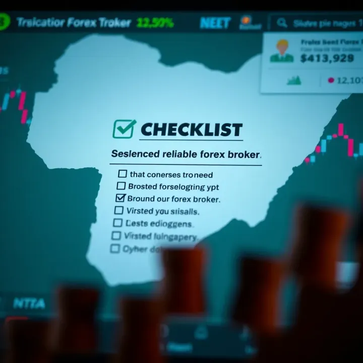 Graphic showing a checklist of criteria for selecting a trusted forex broker with Nigerian map in background