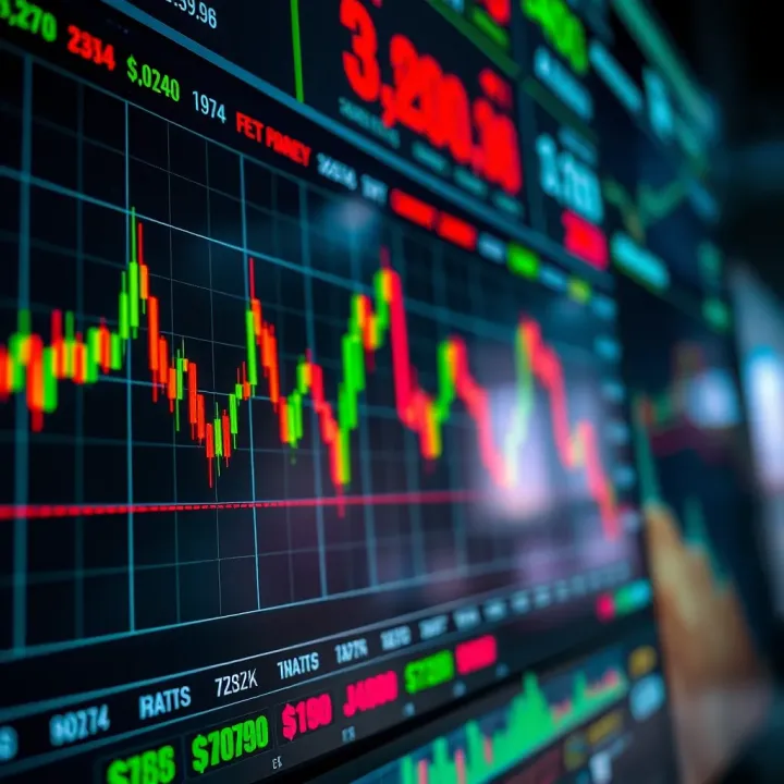 A vibrant digital trading platform interface with fluctuating market graphs and Nigerian currency symbols