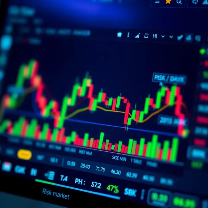 Illustration of a digital trading platform screen displaying forex charts and risk management icons