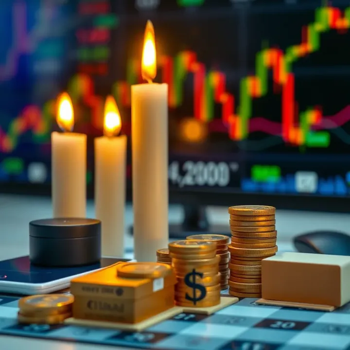 Illustration of managing a forex trading budget with candles, currency symbols, and financial graphs