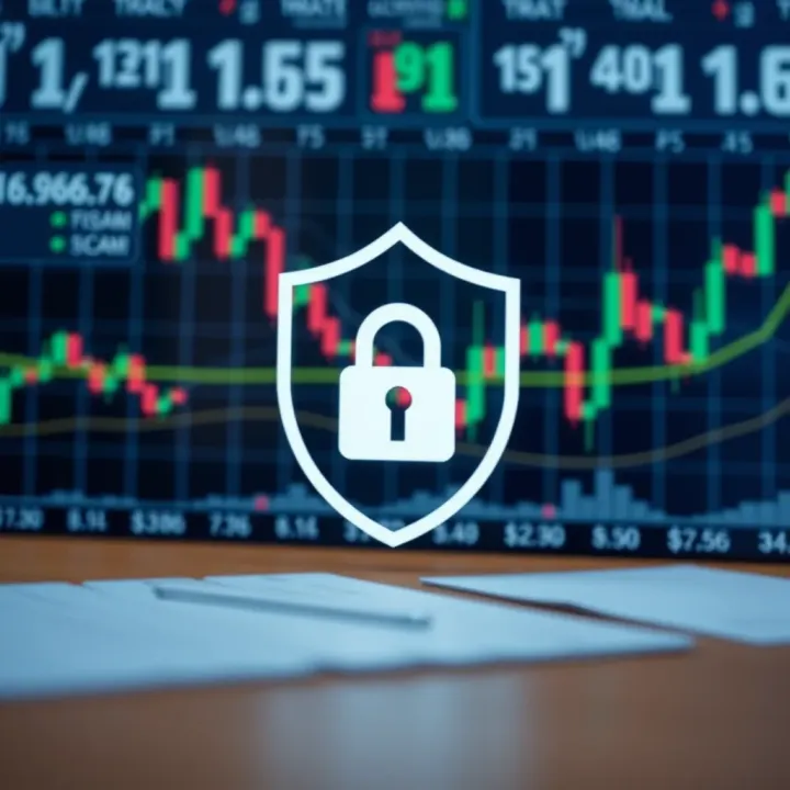 Ensuring Safe Trading Practices and Scam Awareness Digital representation of secure trading with shield symbol and chart in background