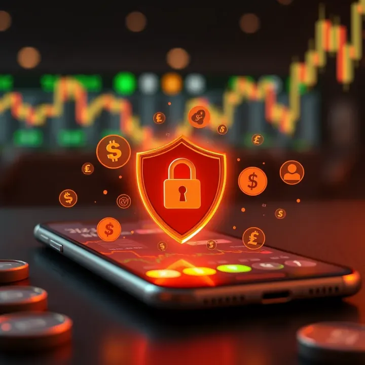 Illustration of a safe and secure mobile trading environment with currency symbols and security icons