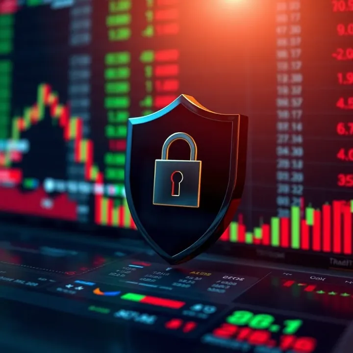 Security shield icon over digital financial data representing secure trading environment