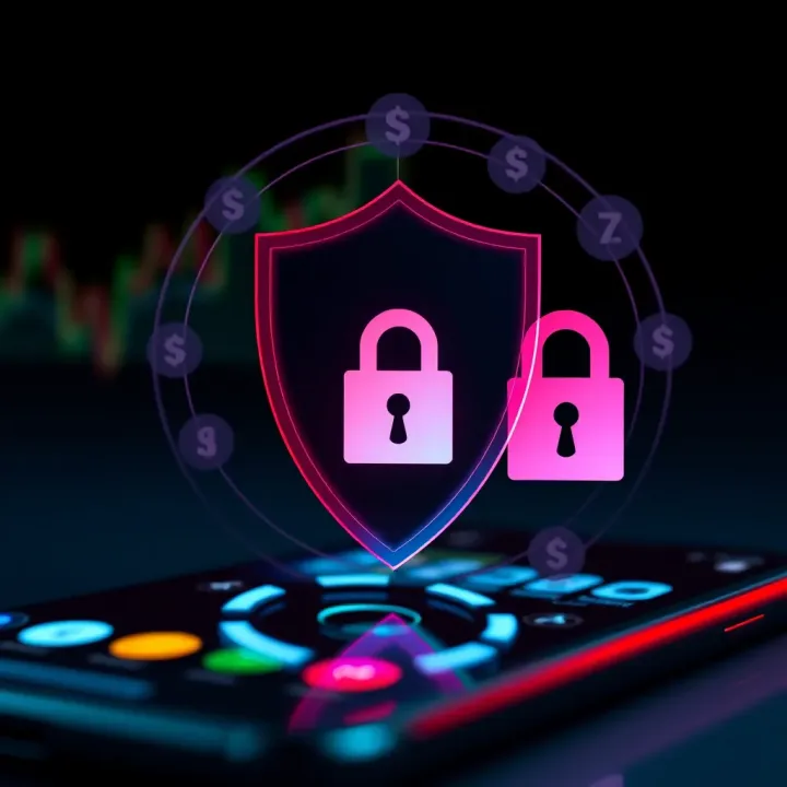 Security Features in Gift Card Trading Apps Concept of secure digital transactions with shield and lock icons over a mobile device background