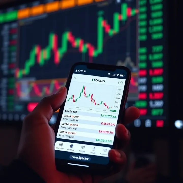 A smartphone displaying a forex trading app interface with charts and currency pairs