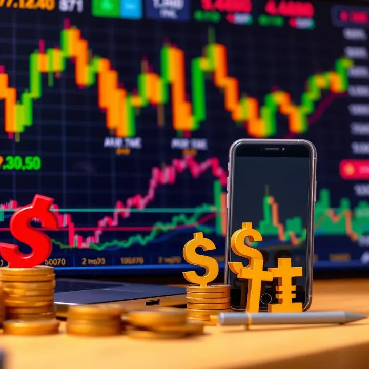 Graph showing upward trends alongside mobile phone and currency symbols representing forex market tools