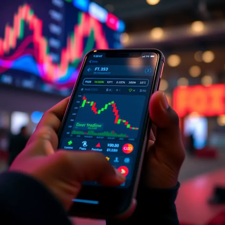 Mobile device displaying a forex trading app interface with charts and currency pair options