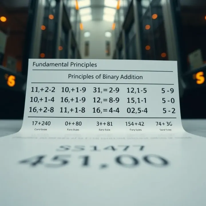 Diagram illustrating the fundamental rules of binary addition with visual examples of digit combinations and their sums