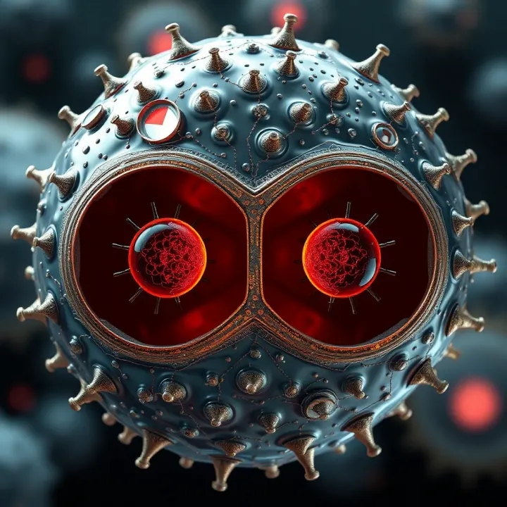 Binary Fission in Amoeba: Nuclear Division and Cell Separation Diagram depicting binary fission in an amoeba highlighting the nucleus splitting before cell separation