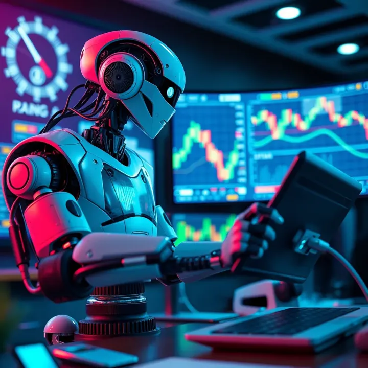 Illustration of an automated trading robot analyzing financial charts for binary options