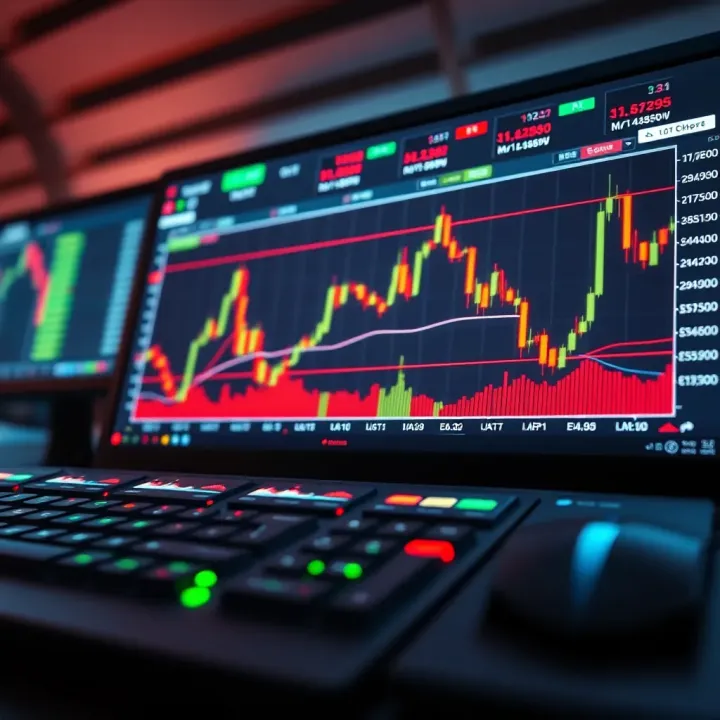 Illustration showing a digital trading platform interface with charts and binary options choices