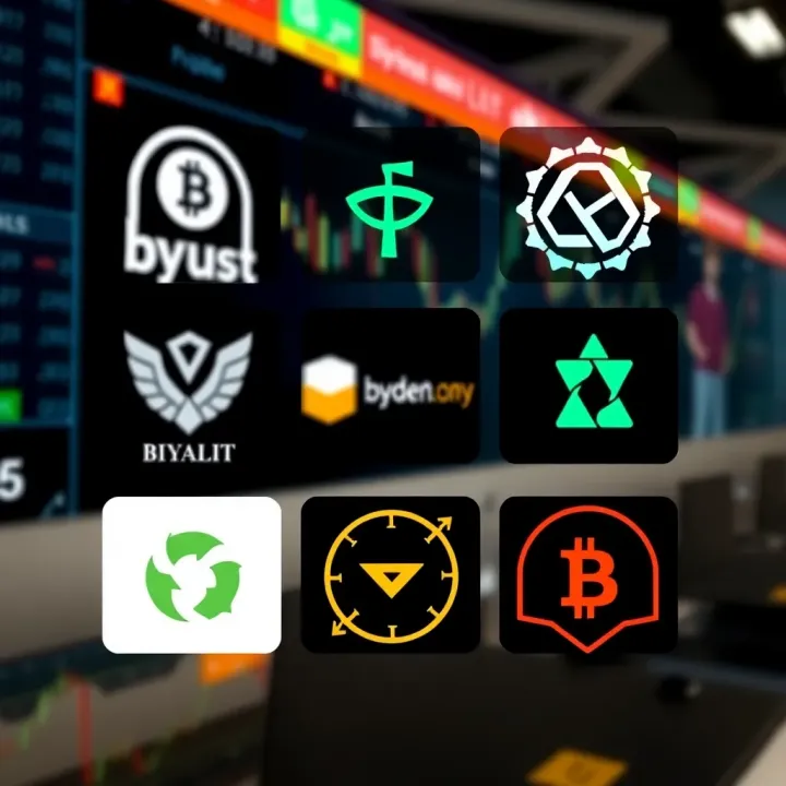 Graphic showing various binary options logos with distinct design elements representing trust and brand identity in trading platforms