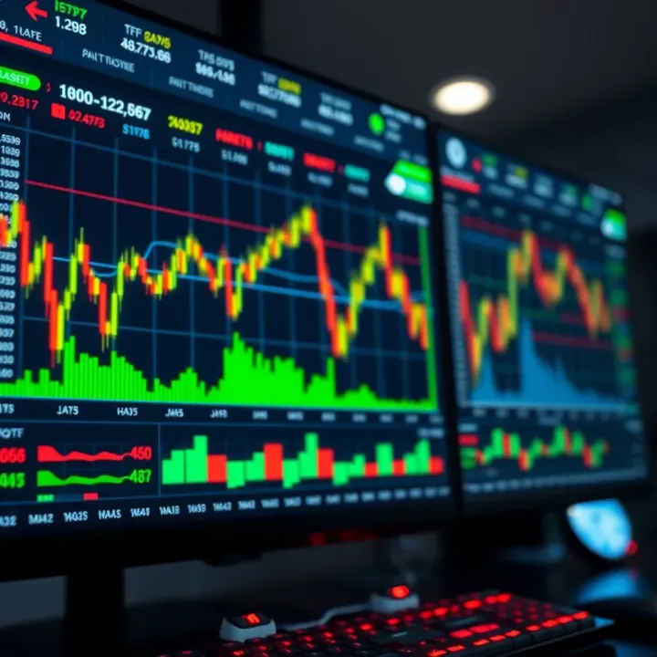 Digital screen showing various binary options trading graphs and financial data