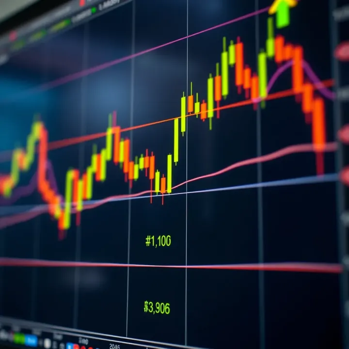 Candlestick chart displaying cryptocurrency price fluctuations with support and resistance levels highlighted
