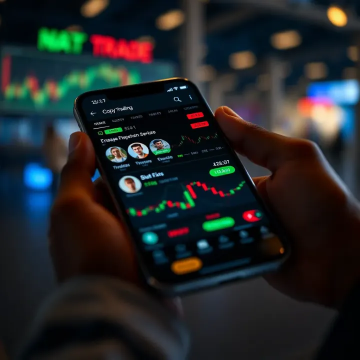 Mobile phone screen displaying a copy trading app interface with various trader profiles and real-time trade data