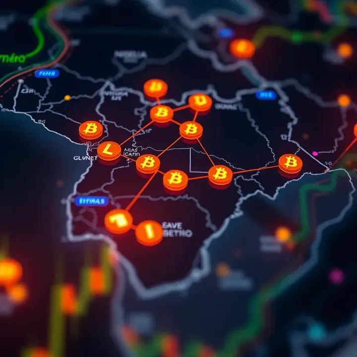 Illustration of cryptocurrency symbols connected to signal alerts over a map of Nigeria