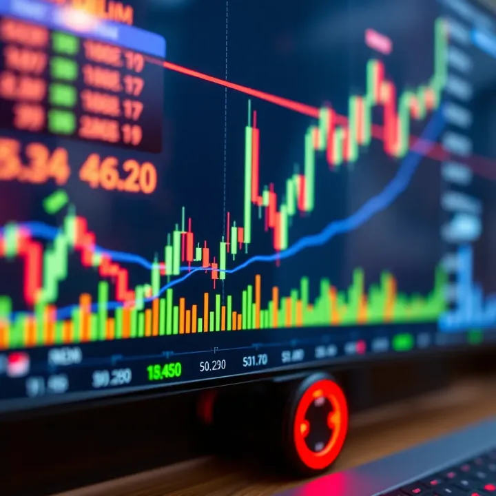 A detailed forex trading chart displaying candlestick patterns and volume indicators for currency analysis