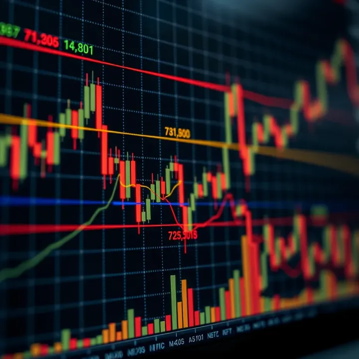 Graph showing currency exchange rate fluctuations with candlestick patterns
