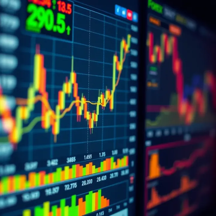 Digital interface showing forex trading charts and currency symbols