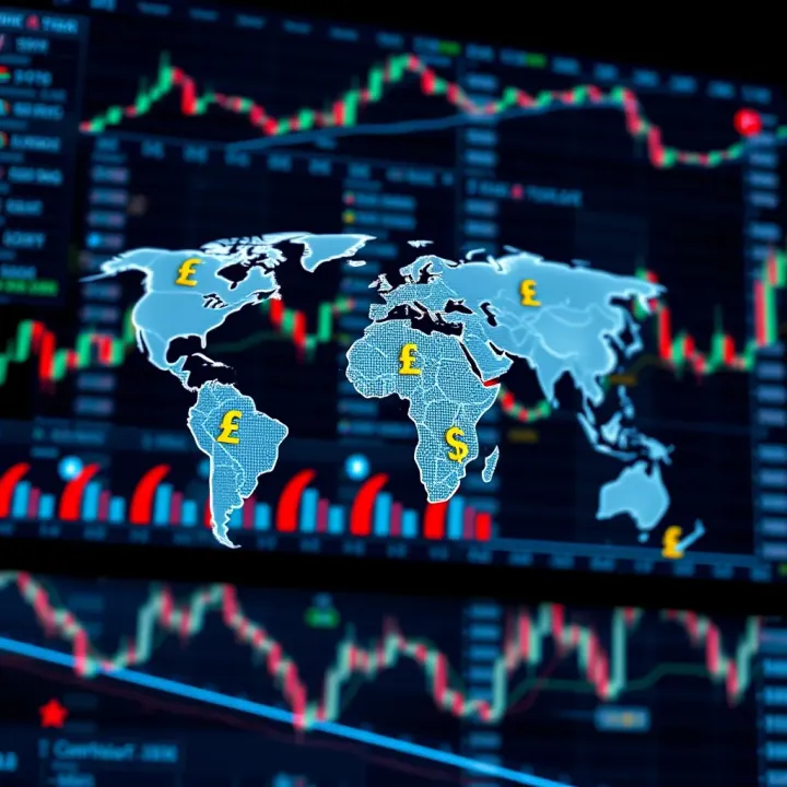 Illustration of global currency symbols interconnected with digital trading charts