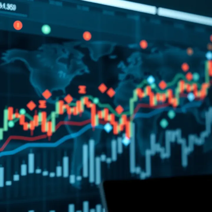Illustration of global financial market connections with currency symbols and arrows